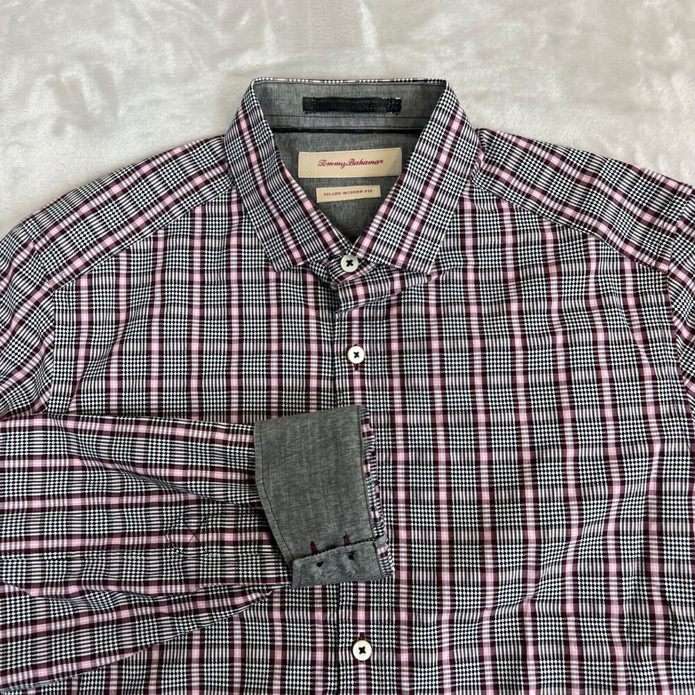 Tommy Bahama Shirt Mens Medium Plaid Island Modern Fit Button Up‎ Cotton Preppy